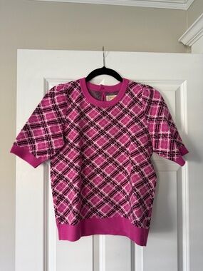 Meave by Anthropology Pink Plaid Short Sleeve Knit Top